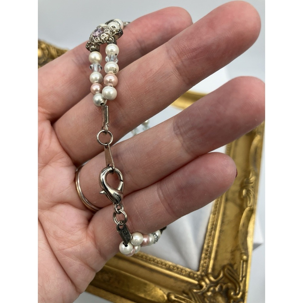 Handmade 2 Row Panel Bracelet Pearl Rhinestone Regal Royalcore Coquette Romantic - Picture 9 of 10